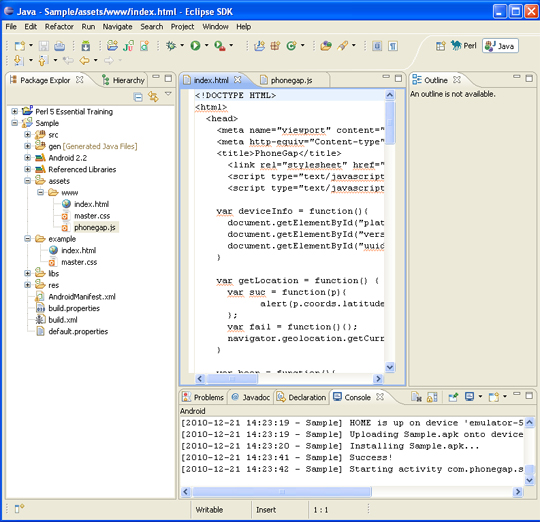 Screen capture of Eclipse development environment with Android plugin installed