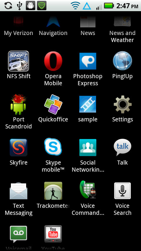 Screen capture of applications installed on Droid 2 phone