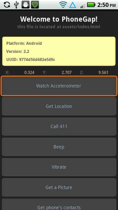 Screen capture of sample application running on Droid 2