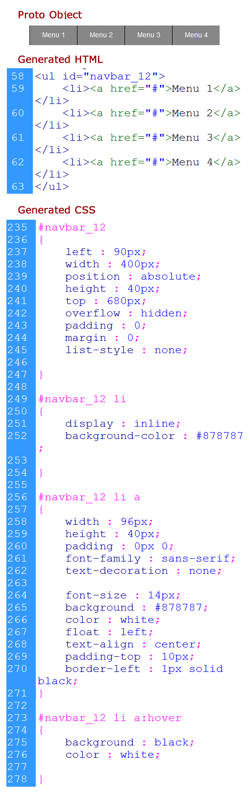 Code generated by Proto horizontal menu object