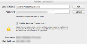 Screen capture of Photoshop server connection showing key settings