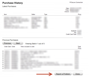 List of purchases at iTunes to sown report a problem button