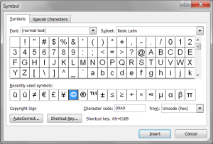 Insert symbol dialog in MS Word