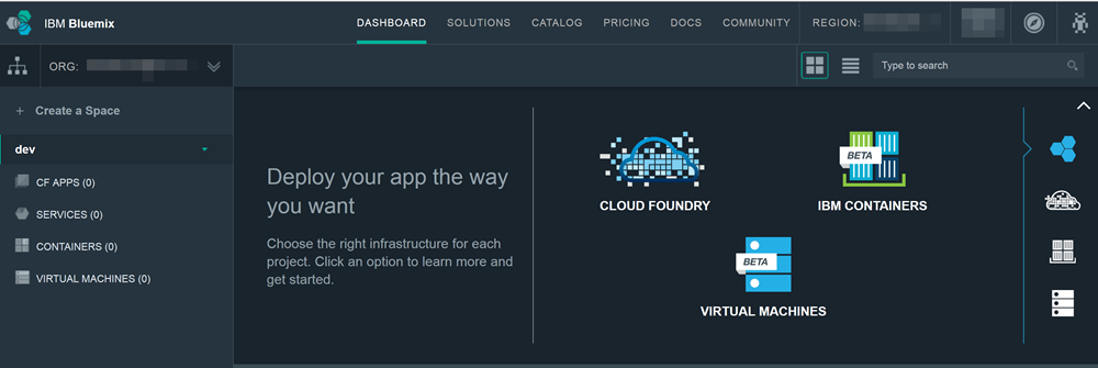 Dashboard displayed when you first login to Bluemix