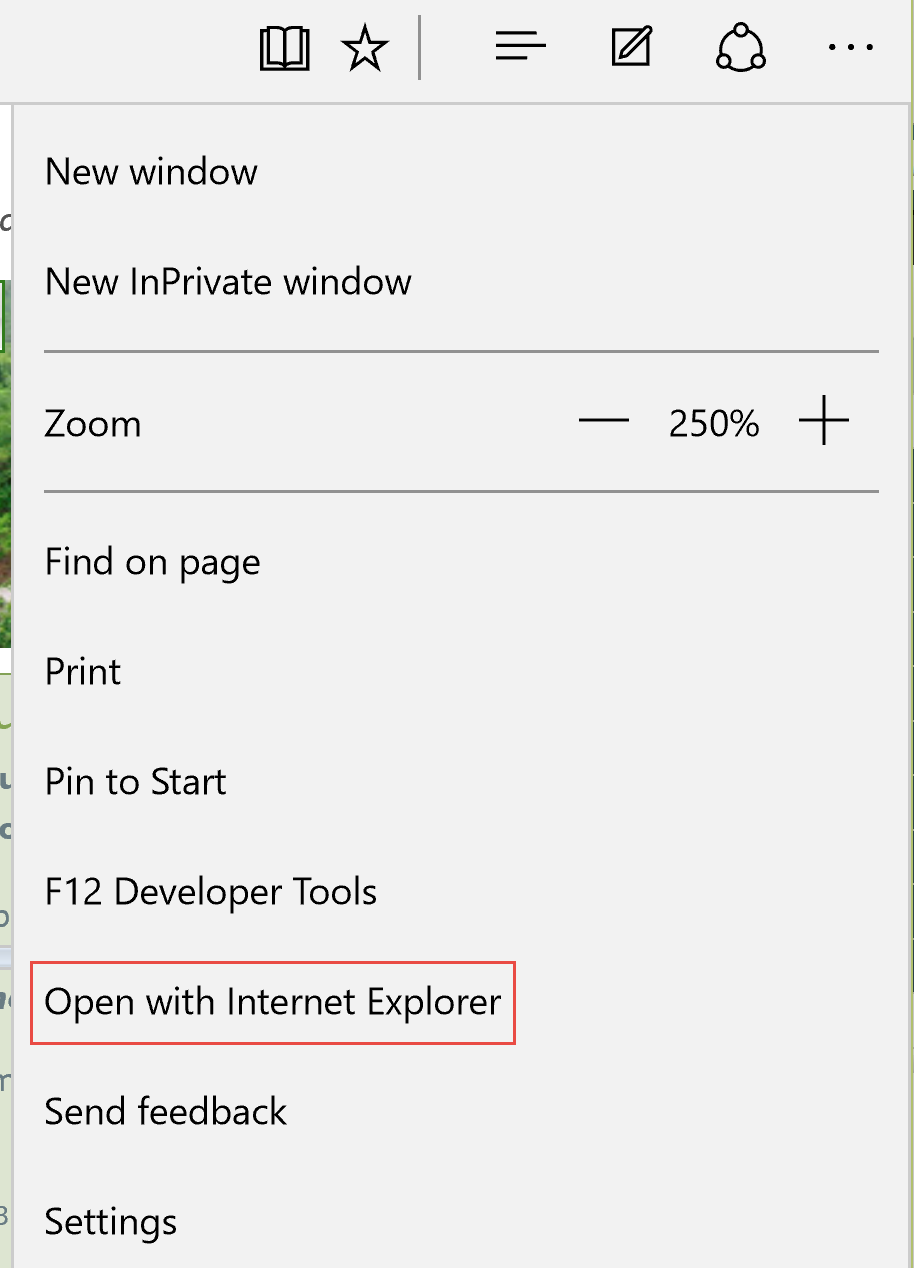 Edge options including view in Internet Exploder