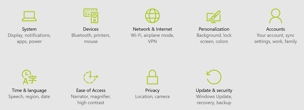 Settings panel in Windows 10