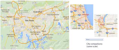 Sao Paulo, Chicago and Peoria at same scale