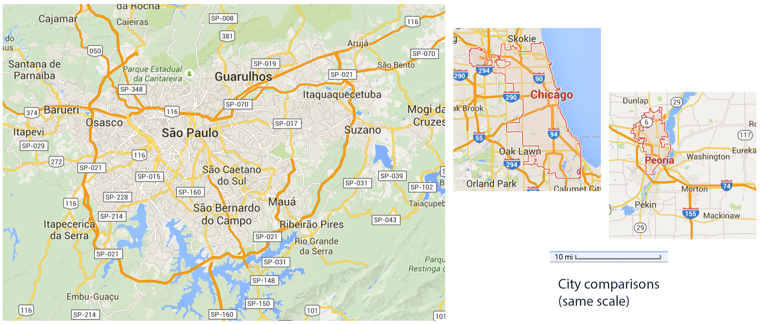 Sao Paulo, Chicago and Peoria at same scale