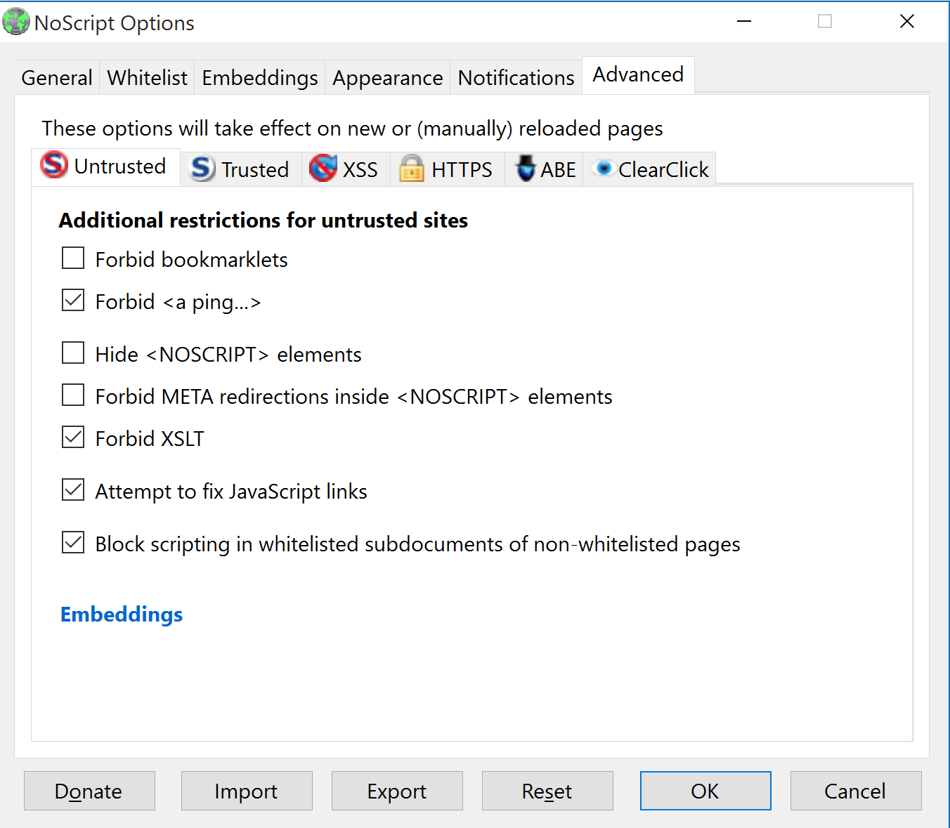 Default NoScript options