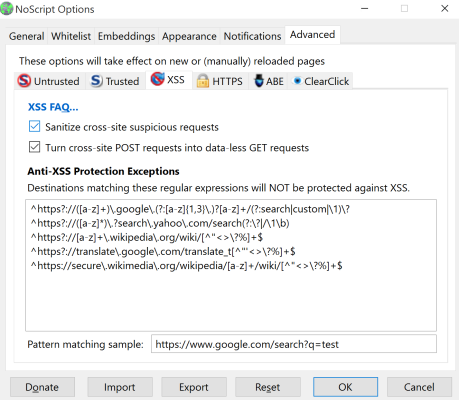 XSS Options in NoScript