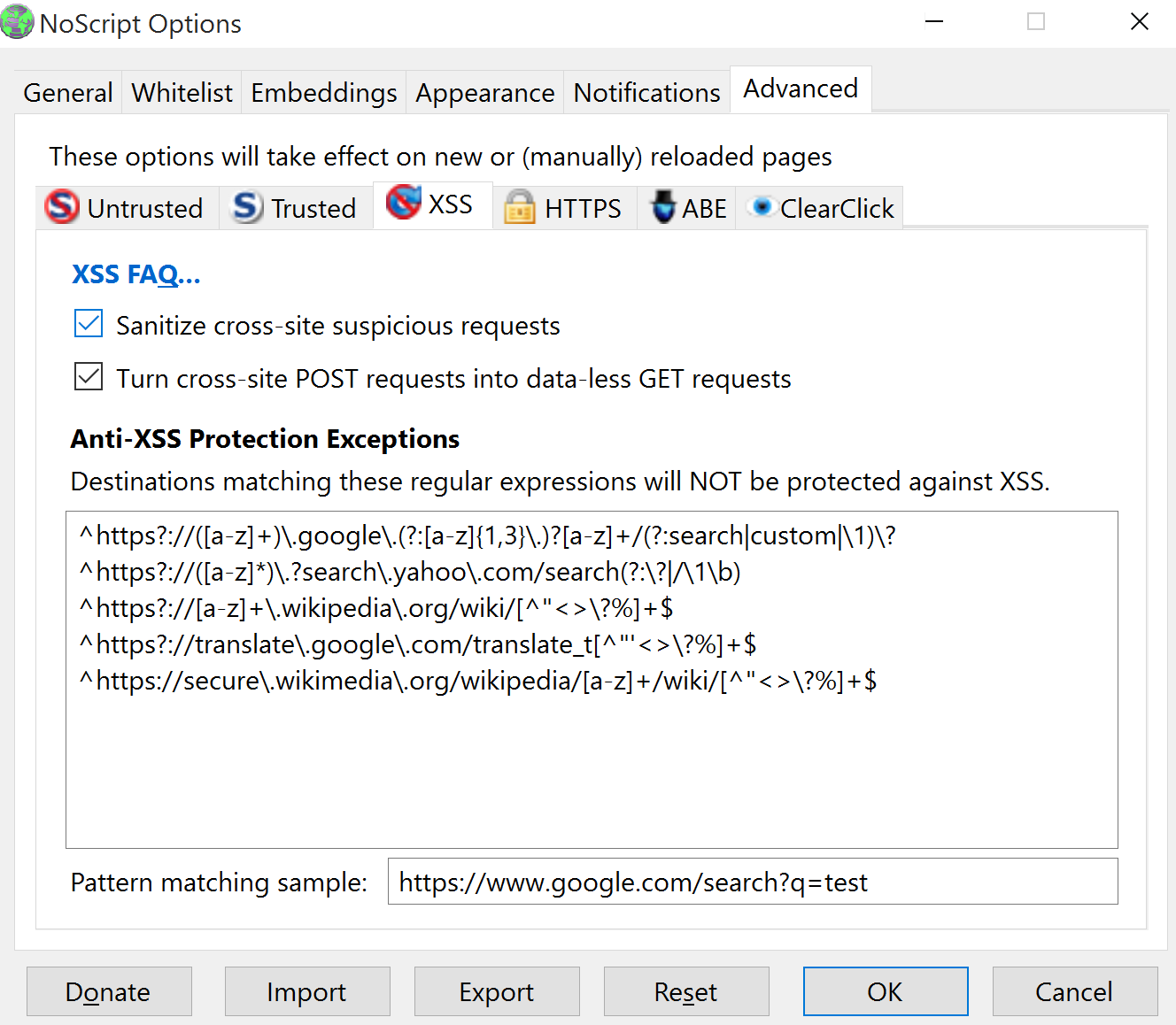 XSS Options in NoScript