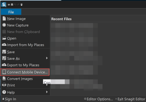 Connect mobile device from File menu in SnagIt