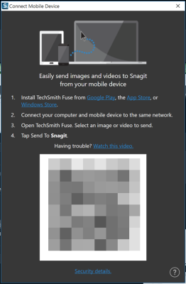 QR Code window to connect Fuse and SnagIt applicaitons