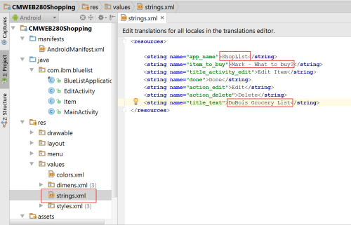 Modifying the Strings.xml file