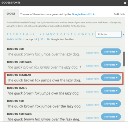 Selecting the Google font Roboto