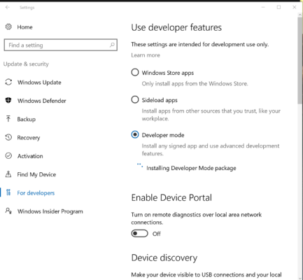 Configuring developer mode in Windows 10