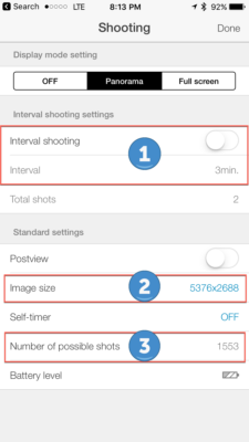 Theta camera settings for interval shooting