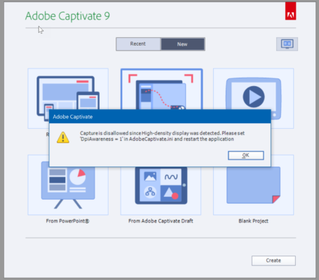 Message indicating Captivate detected a high DPI screen