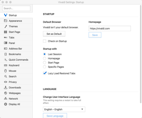 Settings in Vivaldi