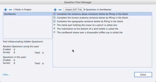 Captivate Question Pool Manager with several questions in the pool