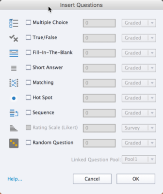 These are the types of questions one can incorporate in Captivate including multiple choice, matching, sequence, fill in the blank and more.