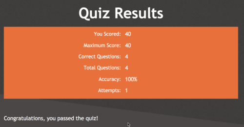 Completed quiz results showing 100% score