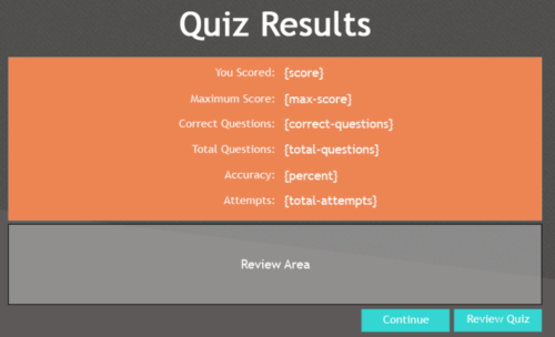 Quiz results slide in Captivate showing variables used