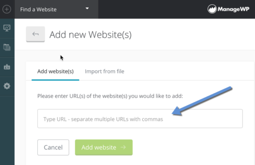 First step on ManageWP site to adding new website to manage