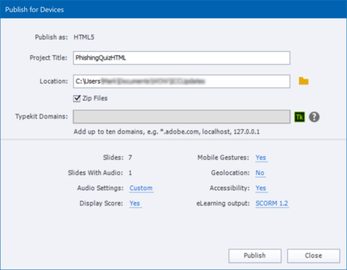 Publishing a SCORM module in Captivate