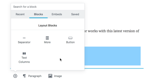 Some blocks you can add in the editor include tables and multiple columns