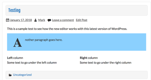 Page preview showing drop cap, colors, and multiple columns