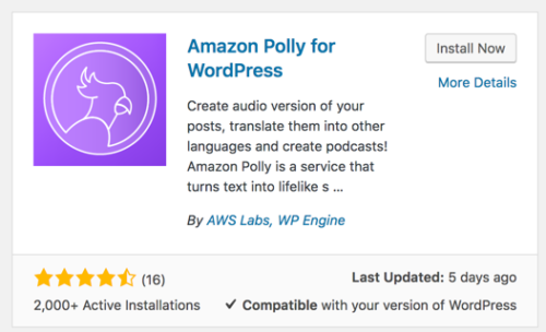 Screen capture of the description of the Amazon Polly for WordPRess plugin