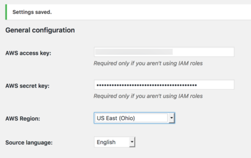 Screen capture showing the activation of the WP Polly plugin with the secret values entered.