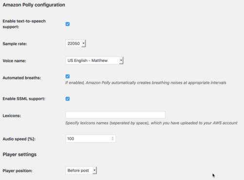 Screen capture showing the text to speech capabilities being enabled. Speaker Matthew is the default.