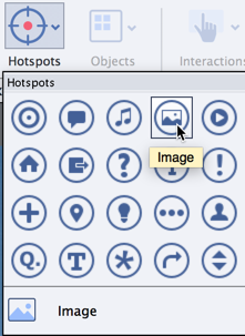 Adding a hotspot, an image hotspot in this case by clicking on the top row, 4th item