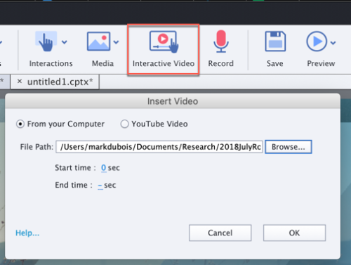 Screen capture showing the icon to add an interactive video from the main menu in Captivate.