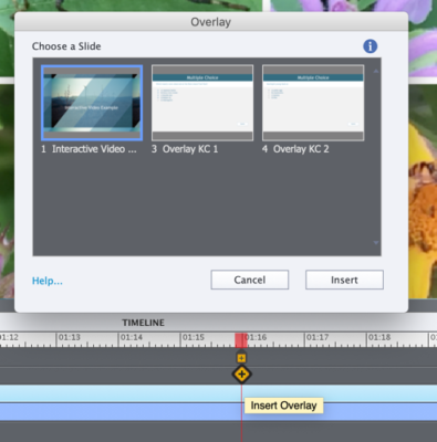 Screen capture depicting how to insert an overlay slide into the video at a certain spot in the video timeline.