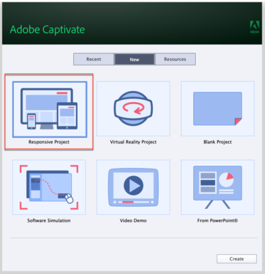When Captivate 2019 opens, the initial screen allows you to choose to create a new responsive project.