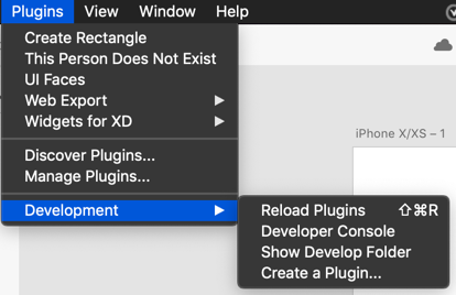 XD plugins menu also showing the Development menu. You may need to reload the plugins to see your changes.