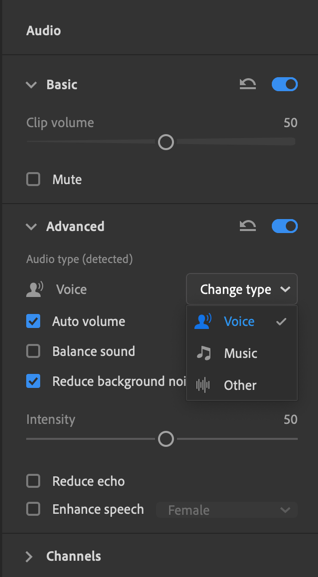 One can edit the audio and make changes to the clip volume, the type (whether voice or music)