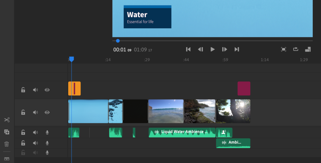 Reviewing the final project. Audio clips are shown in green, media as placeholders, and titles are in purple.