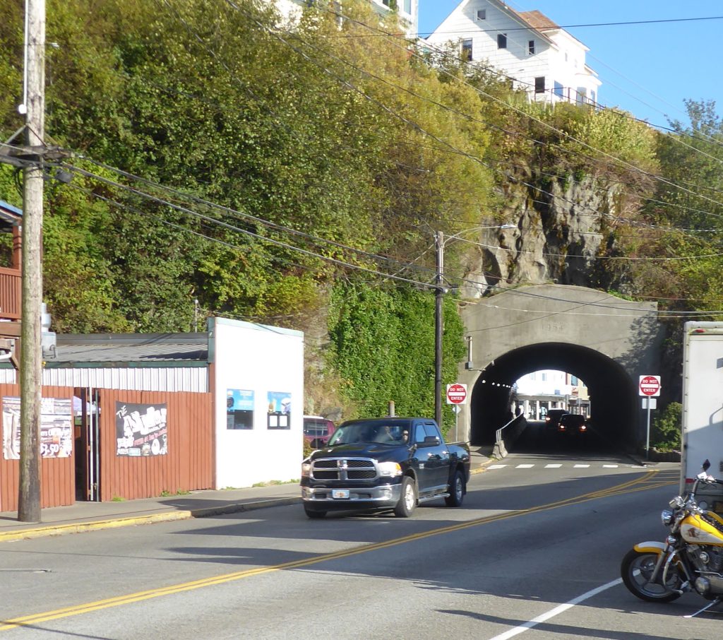 Vehicles passing through Front Street tunnel in Ketchikan, Alaska