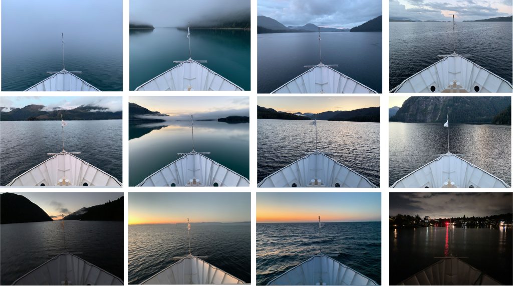 12 photos taken from the bow of the Wilderness Discoverer each day during our voyage.